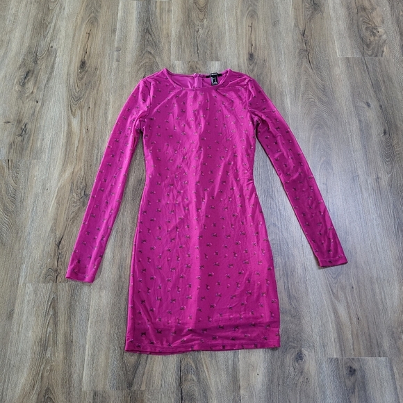 FOREVER 21 Floral Pink Mesh Net Mini Bodycon Dress Size S Y2K Disco Long Sleeve - Picture 2 of 9